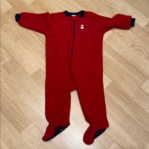 Old Navy Red Fleece Infant Onesie with Navy Accents & Snowman Winter